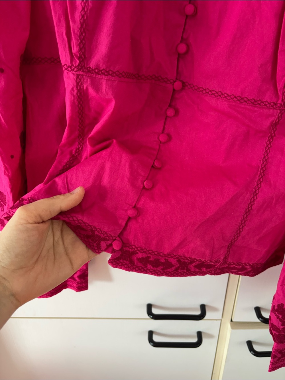 Wilfred La Bohème Fuchsia Embroidered Peasant Blouse Cottagecore Puff Sleeves - Picture 5 of 12